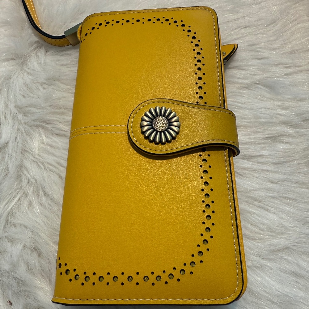 Yellow Women's Leather Wallet with Floral button - Picture 2 of 9